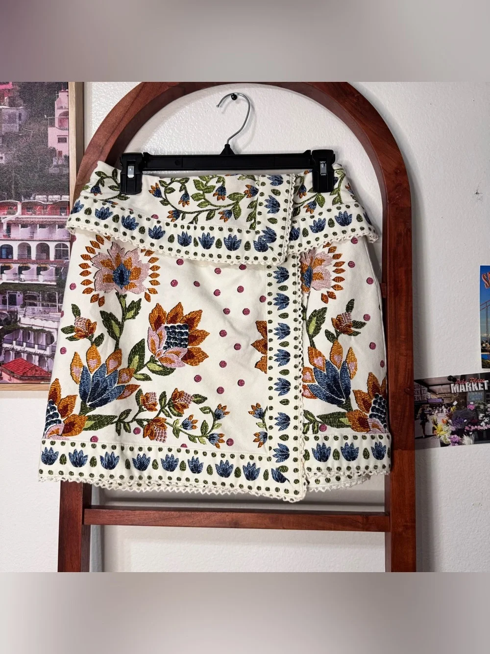 Farm Rio Wrap effect floral print cotton mini skirt lace trim